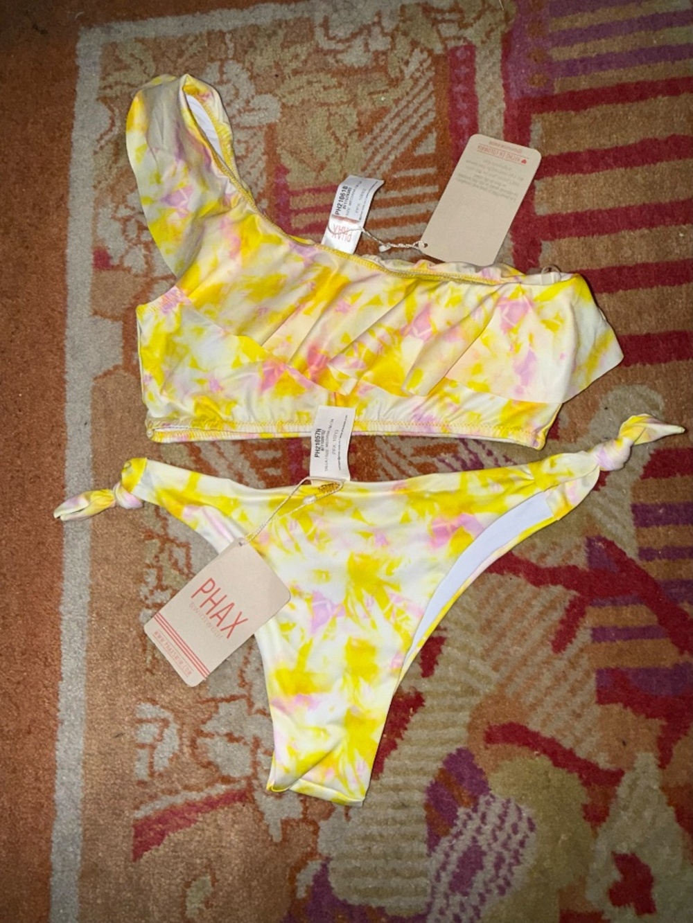 Phax Swim swimsuit bikini 2 piece Medium M one shoulder ruffle top yellow pink - Picture 4 of 4
